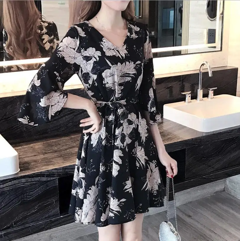 Billige Neue Geschreddert Blume Kleid Sommer 2019 Neue Stil frauen Mode Student Edition Dünnen Art Und Weise