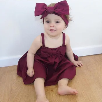 

Baby Girl Bow Princess Straps Dress Toddler Girls Bordeaux Red Dresses for Party and Wedding Cute Children Kids Summer Clothes