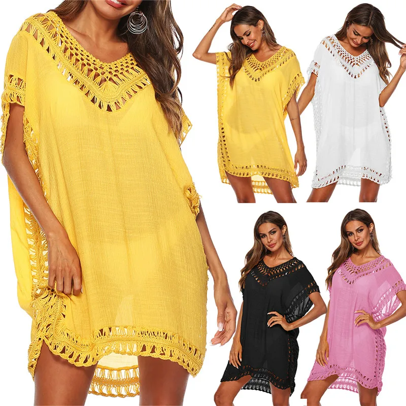 

Vertvie Women's Loose Casual Outwear 2019 Solid T-shirt Swimsuit Beachwear Bikini Cover UP For Swimwear Hollow Out Beach Dress