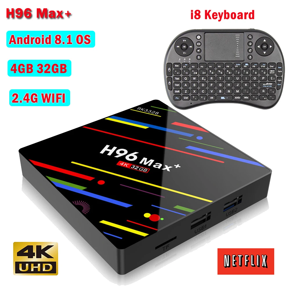 

H96 Max Plus Smart Android 9.0 TV BOX RK3328 4GB 32GB Set-top Box WiFi HD 4K H.265 USB 3.0 H96 Max Media Player with i8 Keyboard