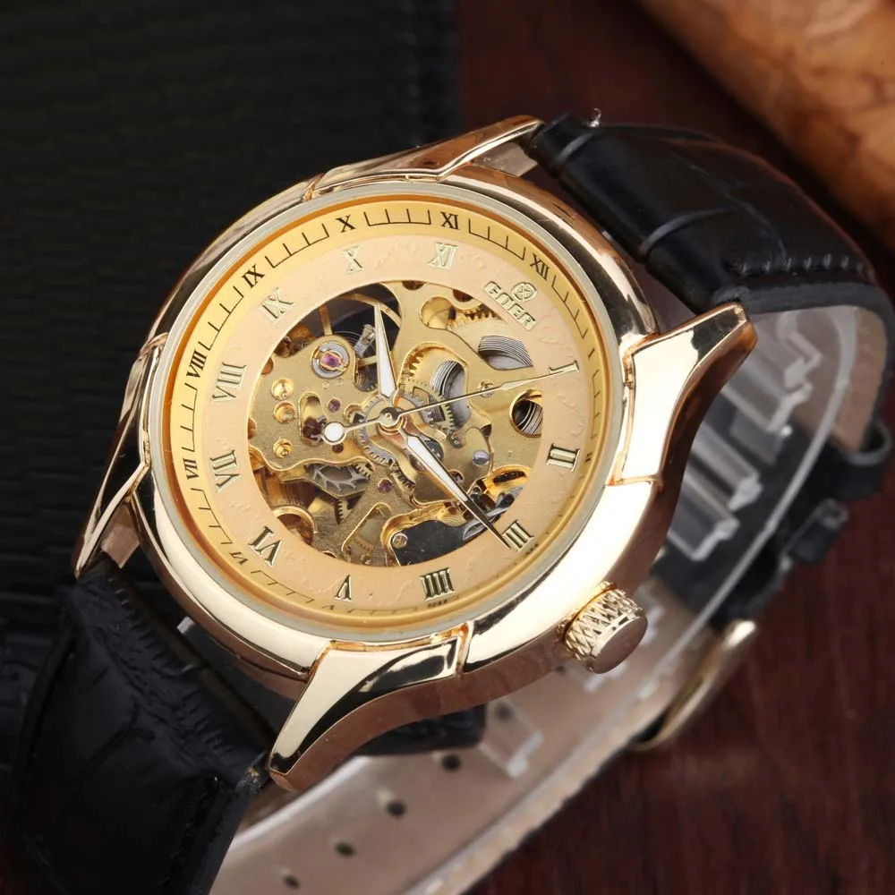 

GOER Top Brand Luxury Gold Skeleton Watches Men Automatic Mechanical Watches Leather Band relogio masculino reloj hombre