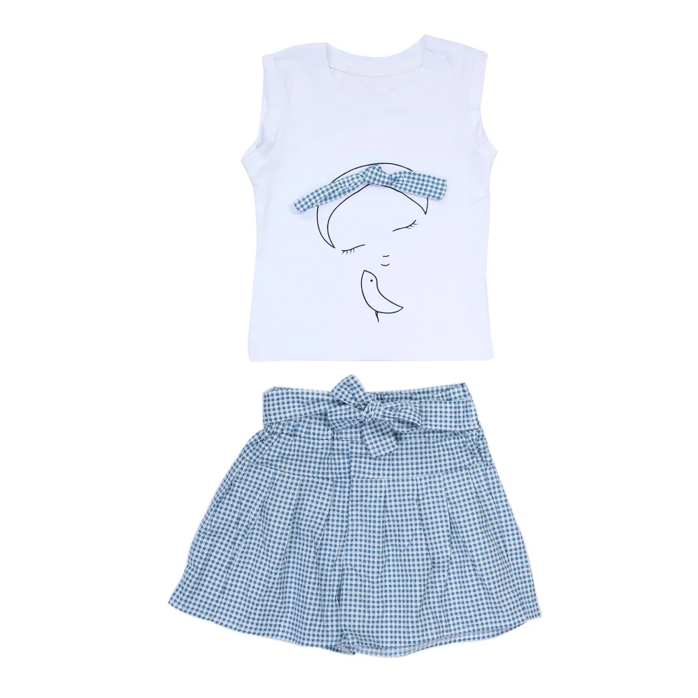 

2pcs/set Summer Style Baby Girl Clothes Set Sleeveless Shirt + Plaid Dresses Skirt Cotton Kids Clothes Suits