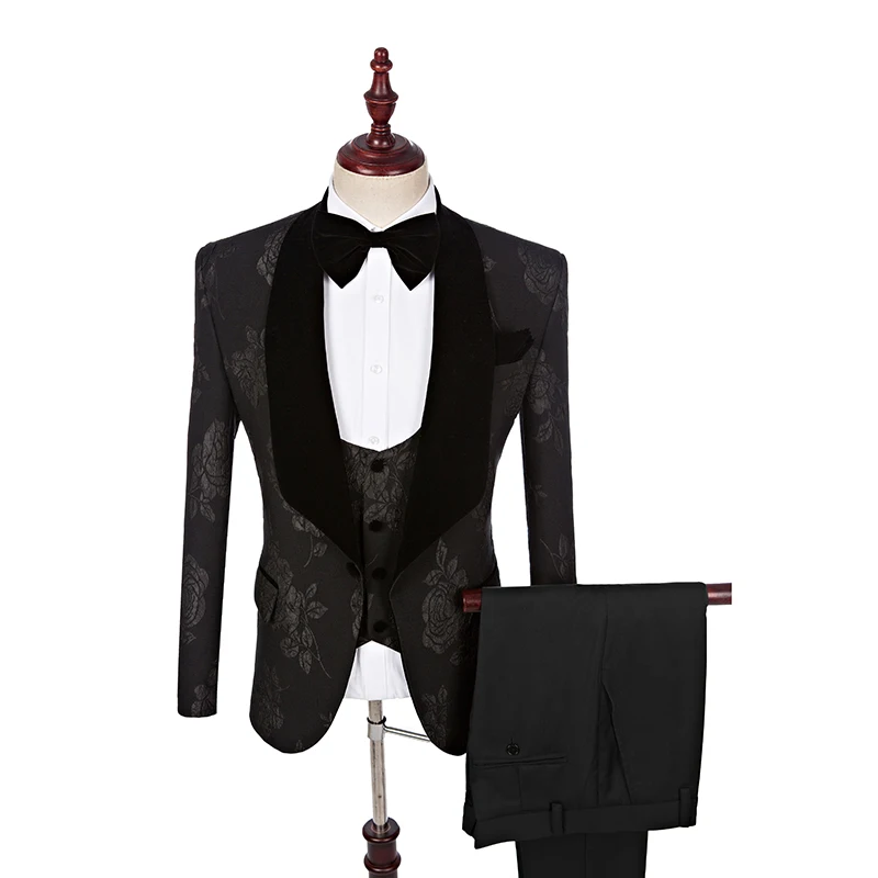 

New Groomsmen Shawl Lapel Groom Tuxedos Real Picture Black Men Suits Wedding Best Man Blazer(Jacket+Pants+Vest+Bow)
