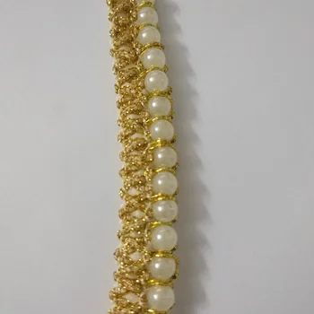 

Wholesale 10yards White Beaded Pearl Gold Lace Trimming Applique Embellishment Sewing renda For Wedding Dress Ribbon 15mm