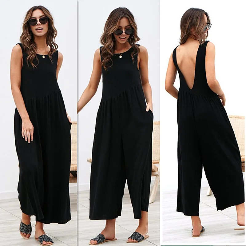 LOSSKY Wide Leg Solid Jumpsuit Sexy Sleeveless Backless Women Jumpsuits Casual Loose Pocket Basic Ladies Romper Jumpsuit Fashion