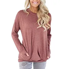 FEITONG модная женская летняя рубашка с карманами и длинным рукавом, женская Свободная Повседневная Однотонная футболка с круглым вырезом, Топ