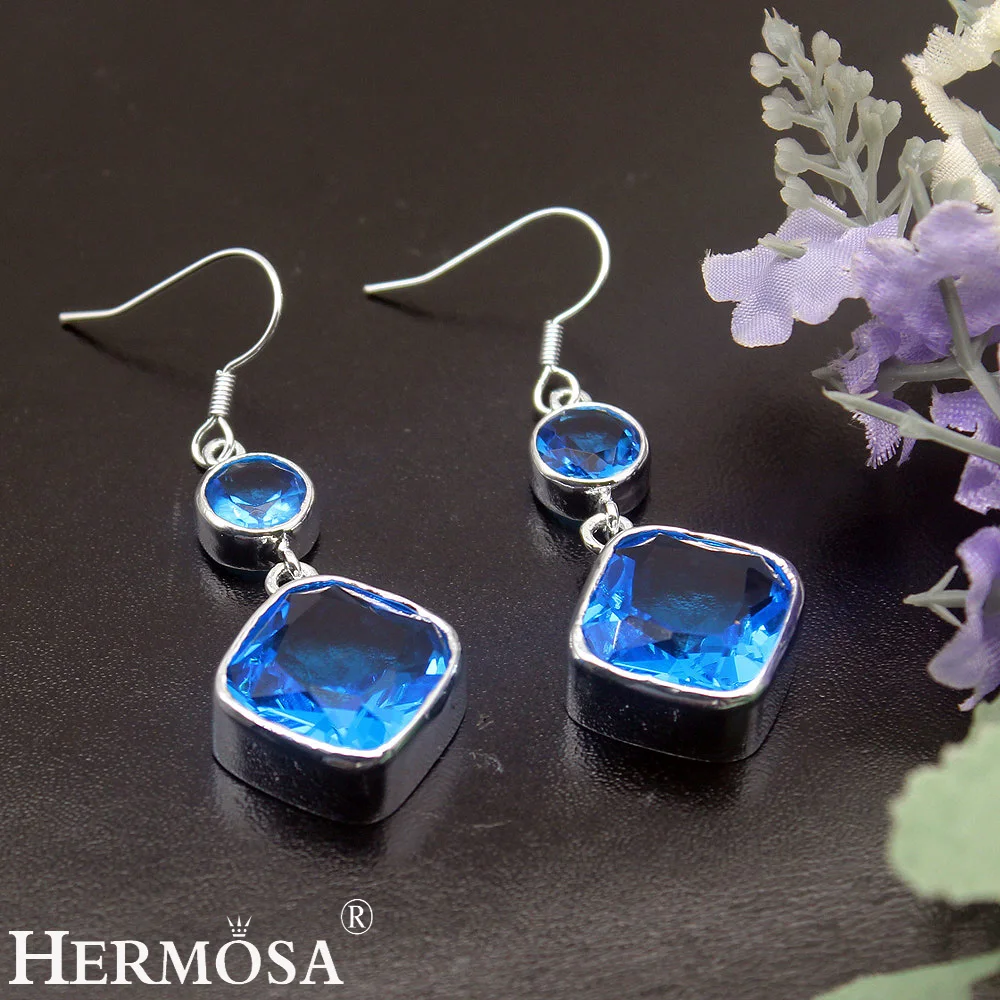 

Hermosa Elegant Dangle Shiny BlueTopaz 925 Sterling Silver Earrings For Women Fashion Christmas Party Jewelry