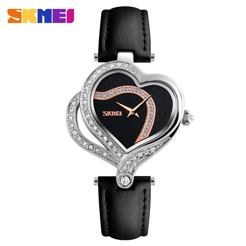 SKMEI специальные креативные женские модные часы с сердцем водонепроницаемые Стразы кварцевые часы люксовый бренд женские наручные часы - Цвет: Черный