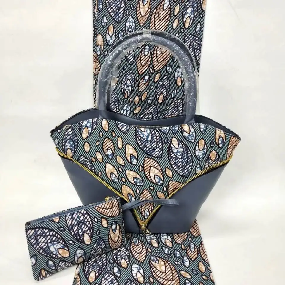 

6Yards High quality gray background and nice printed pattern wax african big handbag set for party VB39