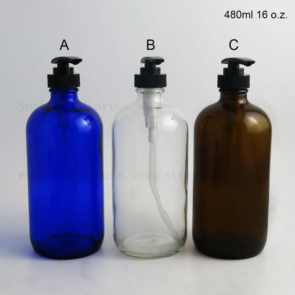 480 ml большой 16 унций синий прозрачная Янтарная многоразового использования, стеклянные контейнера шампунь для мытья стеклянная Бостонская