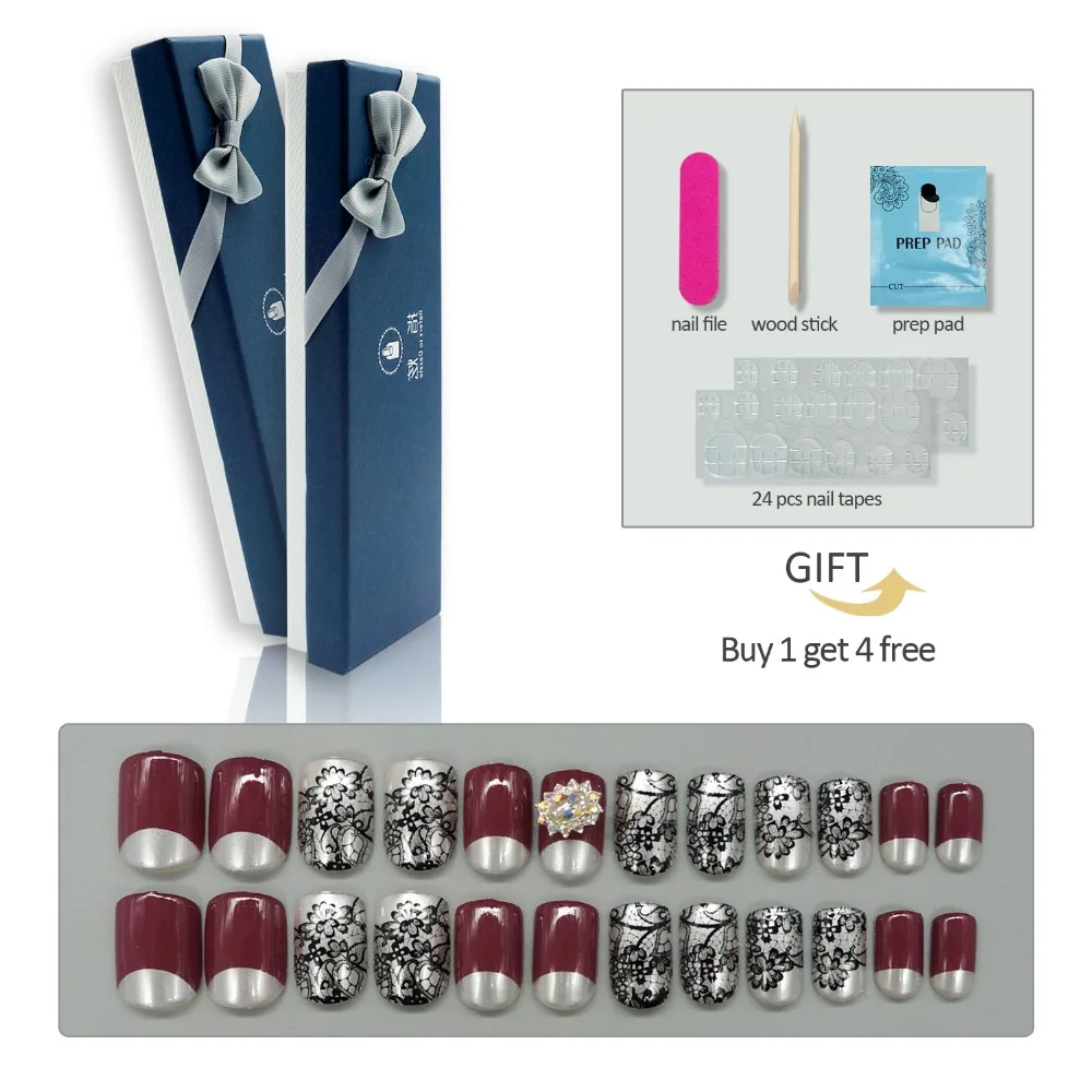 

Press on Lace False Nails in Box Red Full Cover Luxury Fake Nail Tips Artificial ABS Nail Art