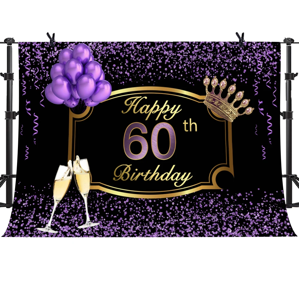 

MTMETY Happy 60th Birthday Backdrop Fantasy Purple Balloon Ribbon Champagne Sweet Birthday Party Photography Background