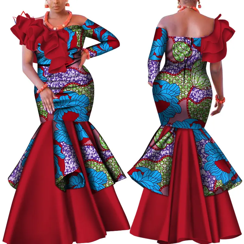 Danshiki/Африканское платье для женщин Bazin Riche, сексуальное платье на одно плечо с вырезом лодочкой, свадебное платье, традиционная африканская одежда WY4224
