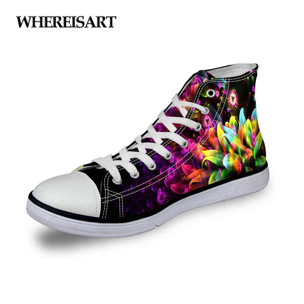 

WHEREISART Women Canvas Shoes for 2019 Spring Autumn Female High Top 3D Mixed Color Printing Vulcanized Classic Casual Shoes