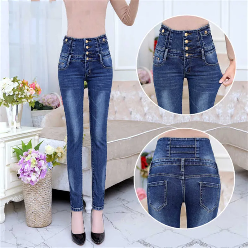 

Fashion street wear High Elastic plus size Stretch Jeans women washed denim skinny pencil pants High Waisted Black Trousers 7XL