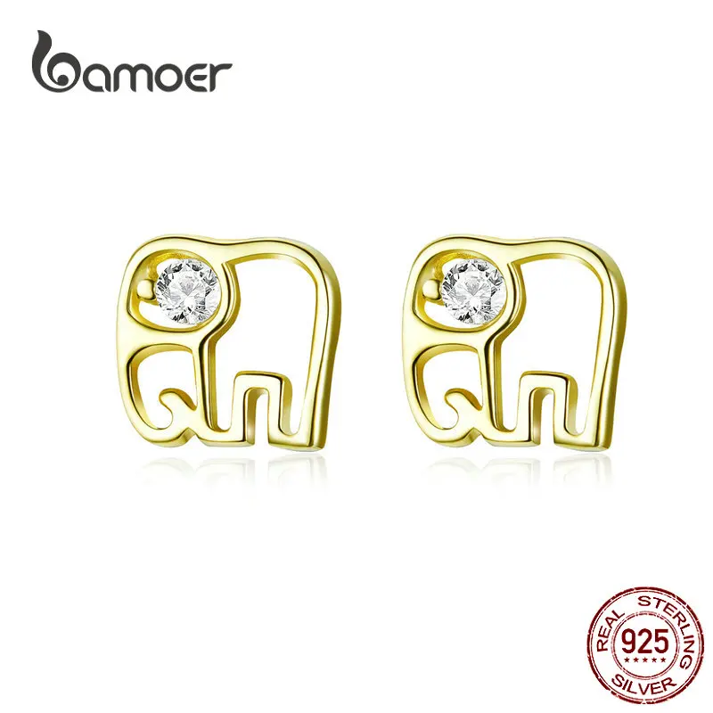 Bamoer Sketch Line Серьги-гвоздики в виде слона золотого цвета Стерлинговое Серебро 925 маленькие крошечные ювелирные изделия для ушей для девочек SCE661