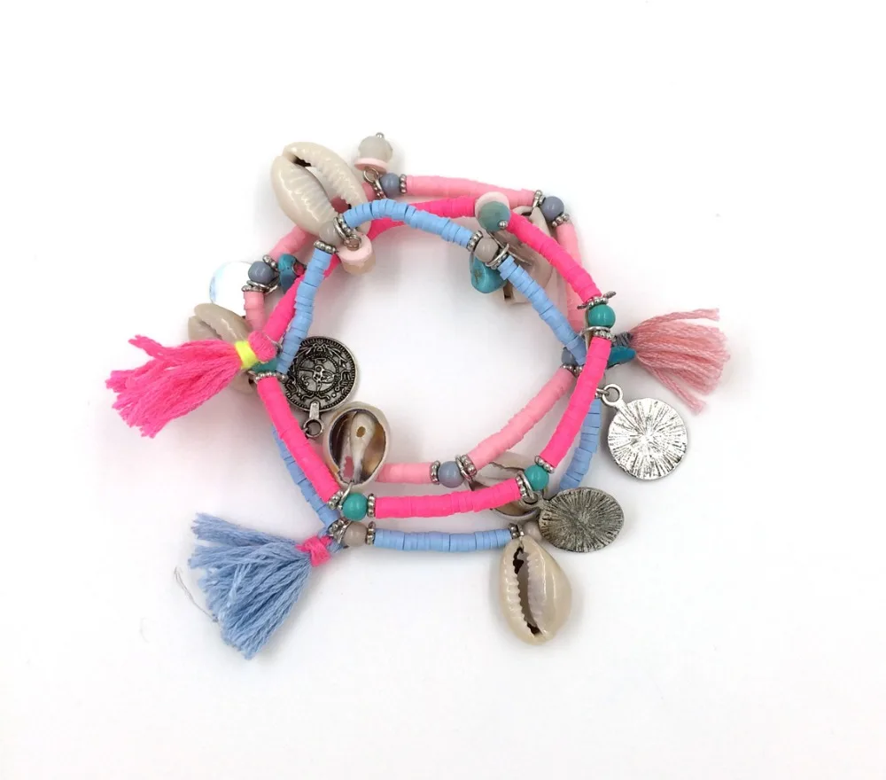 2017 New European Boho Jewelry Suppliers handcrafted bracelet Polymer clay beaded bracelets with tassel coin charm bracelet