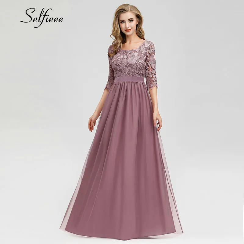 

New Summer Dresses Casual A Line O Neck Half Sleeve Long Beach Dress Elegant Lace Maxi Dresses For Women 2019 Robe Longue Femme