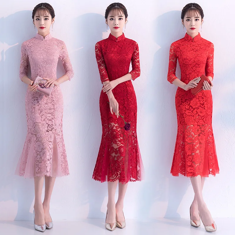 

Chinese Women Red Lace Wedding Dress Elegant Vintage Slim Mermaid Qipao Classic Flower Mandarin Collar Cheongsam Vestidos 3XL