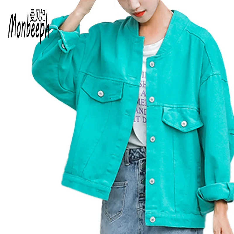 Monbeeph green purple yellow black Style Basic Denim Jackets Women Autumn Jeans Jacket Coat Boyfriend Jacket Outwear