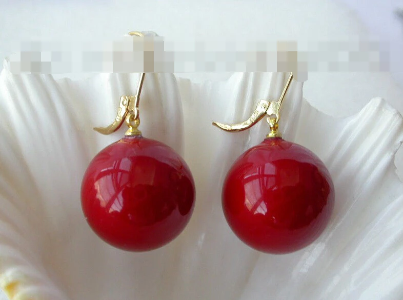 

FREE SHIPPING>>> 1247 red round south sea shell pearl dangle earrings