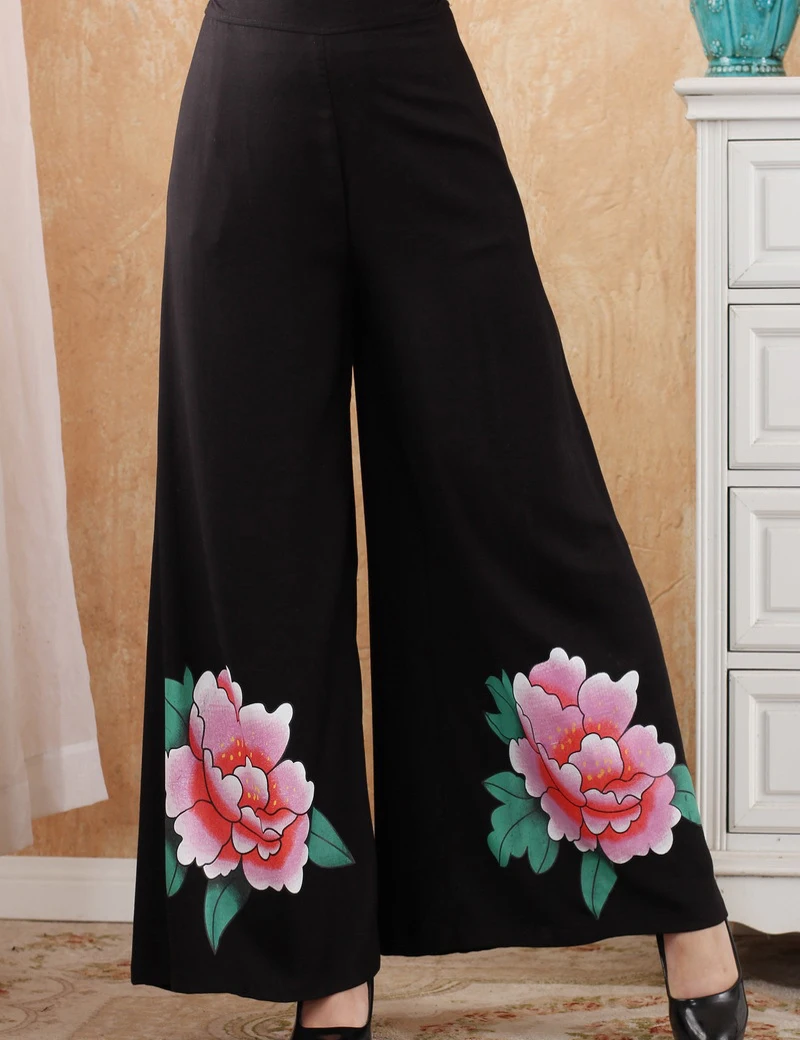 Black Women Loose Leisure Wide Leg Trousers Chinese Style Cotton Pants Printed Flower Full Length Pant Size M L XL XXL 2369-1