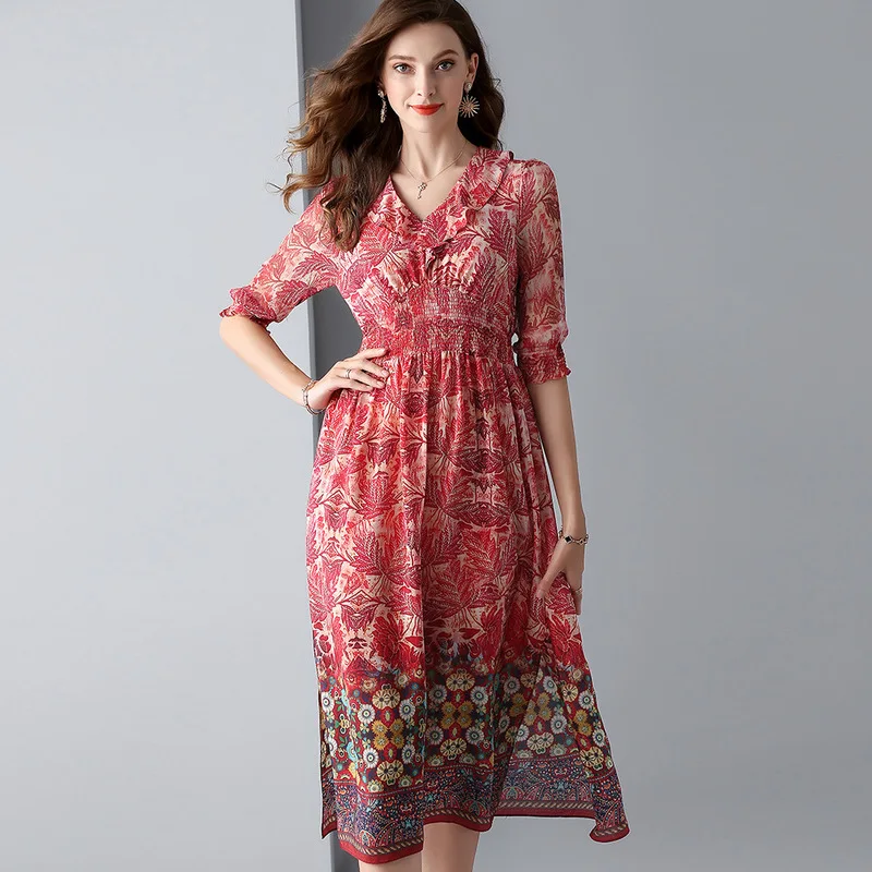 Roze zijde bloemen maxi jurk vrouwen robe 2019 lange werk boho strand zomer sexy party luxe jurken plus size Elastische taille Roze zijde bloemen maxi jurk vrouwen robe 2019 lange werk boho strand zomer sexy party luxe jurken plus size Elastische taille