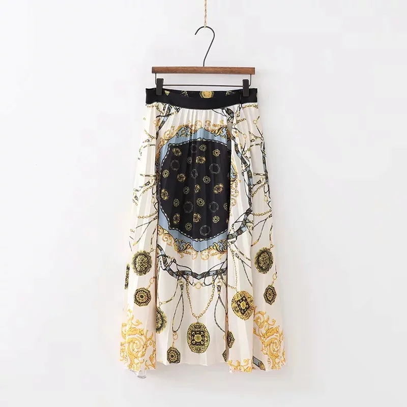 Винтаж Для женщин Мода цепи печати плиссированные юбки Женский боковой молнией Высокая талия миди юбка falda larga XDWM1498