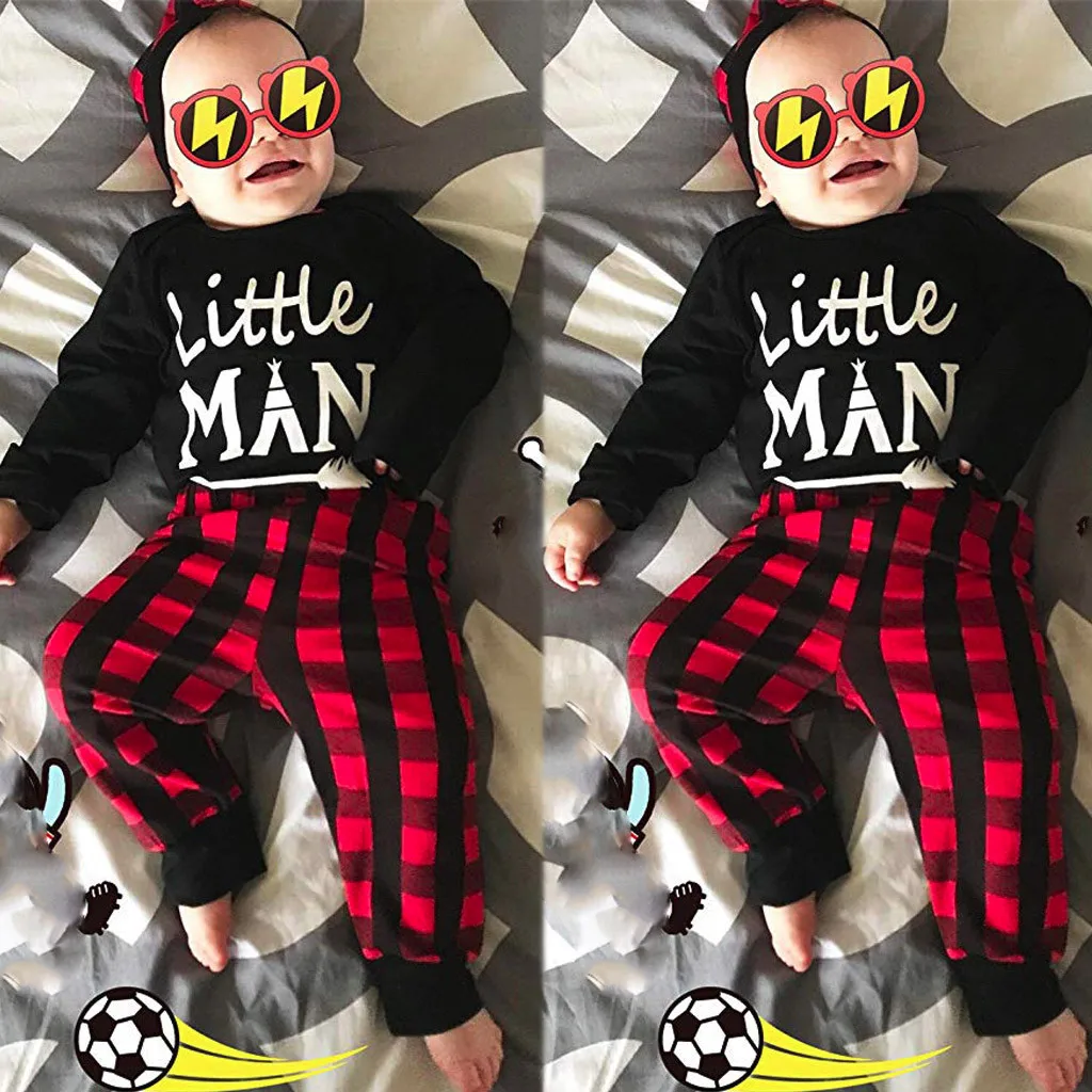 

Newborn Baby Boy Girl Clothes Long Sleeve O-neck Letter Printed Romper Plaid Pants Hat 3pcs Outfit Set 3pcs Children's Clothing