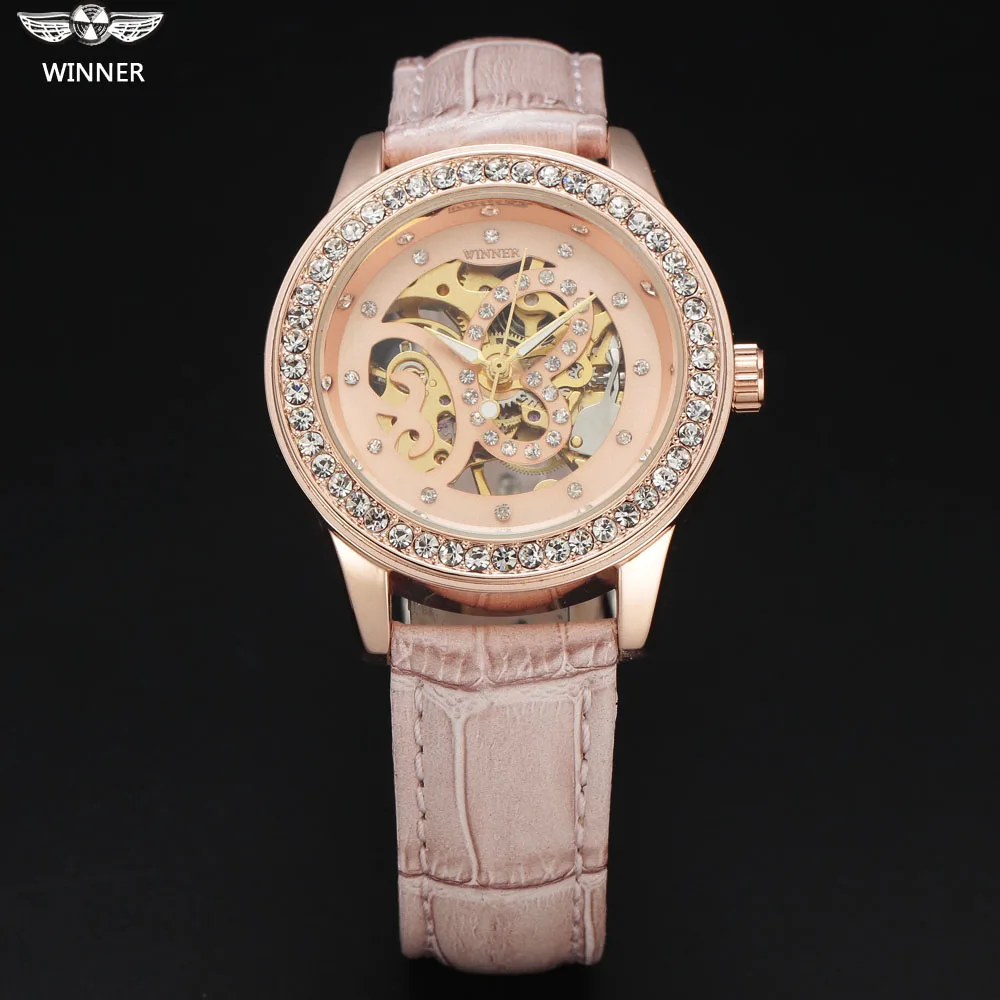 WINNER женские модные механические часы Розовый/Белый Классический Алмазный резной бабочка Скелет циферблат кожаный ремешок женские часы