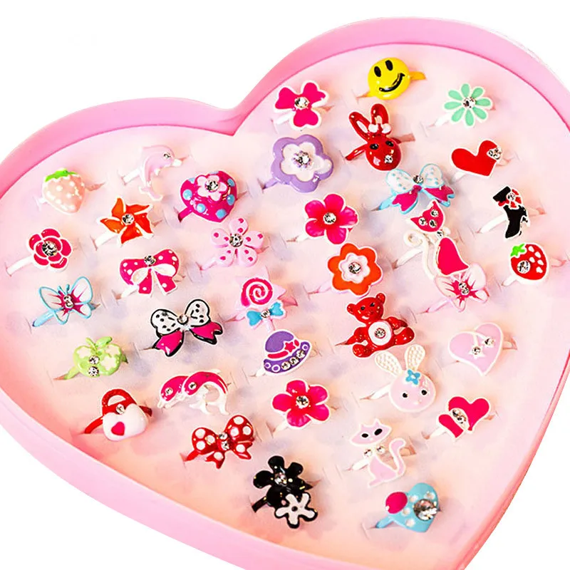 

36pcs/box Love Kids Cute Sweet Rings Design Heart Flower Animal Fashion Jewelry Accessories Girl Child Gifts Finger Rings