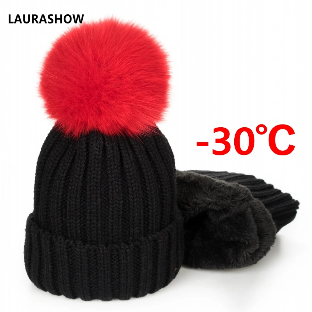 

LAURASHOW Fox Fur Ball Pompom Hat Womens And Kids Hats Add Velvet Fleece Inside Beanies Winter Hats For Children