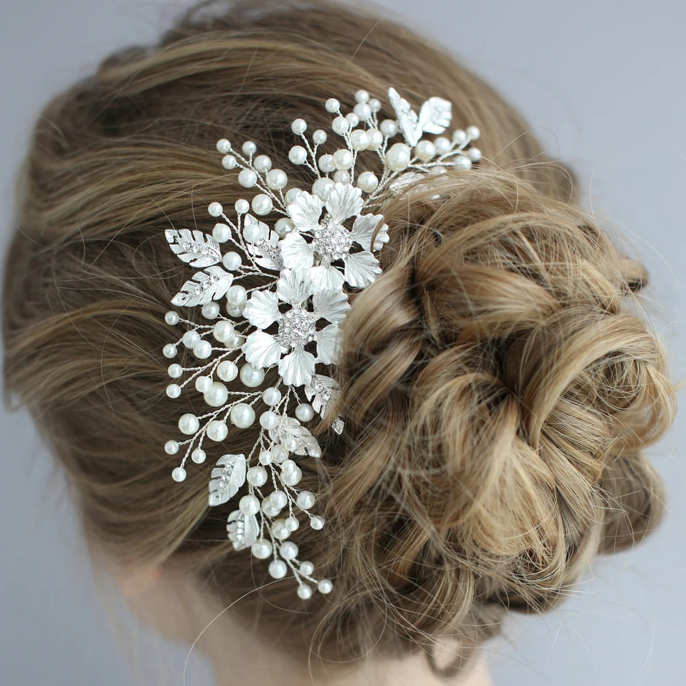 

Antique Silver Wedding Hair Comb Handmade Flower Bridal Headpiece Pearls Fashion Women Hair Jewelry Brides Side Tiara