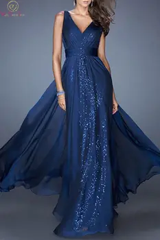 

Elegant Navy Blue Evening Dresses 2020 V Neck A Line Chiffon Floor Length Formal Party Women Sleeveless Long Sequined Prom Gowns
