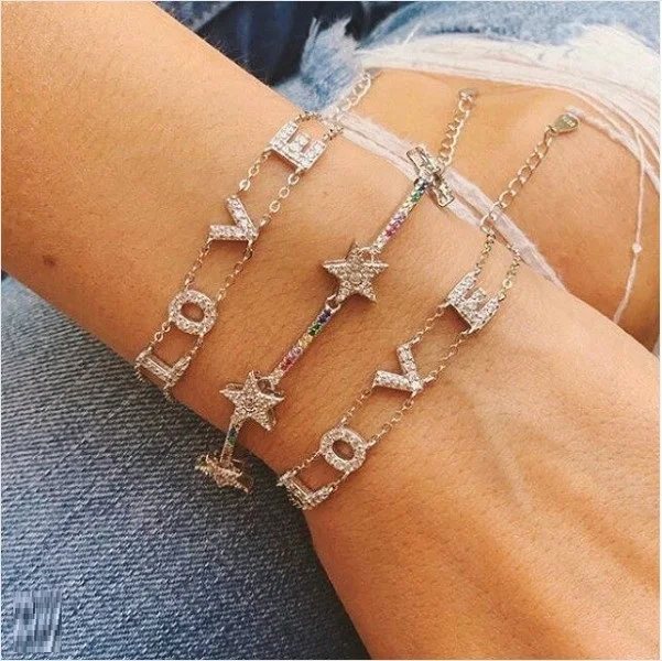

Customized LOVE Letter bracelet 100% 925 sterling silver DIY delicate bangle jewelry micro pave shinny white cz for girlfriend