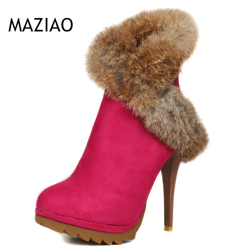 

Women Boots Platform High Heels Winter Boots Ladies Shoes Sexy Stiletto Ankle Boots Rabbit Fur Shoes Black Green