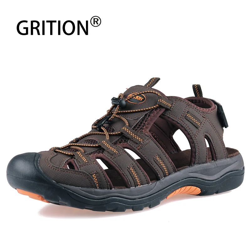 

GRITION Mens Outdoor Sandals Summer Breathable Flat Sole Beach Shoes Outdoor Soft Walking Hiking Sandals Athletic Men Shoes