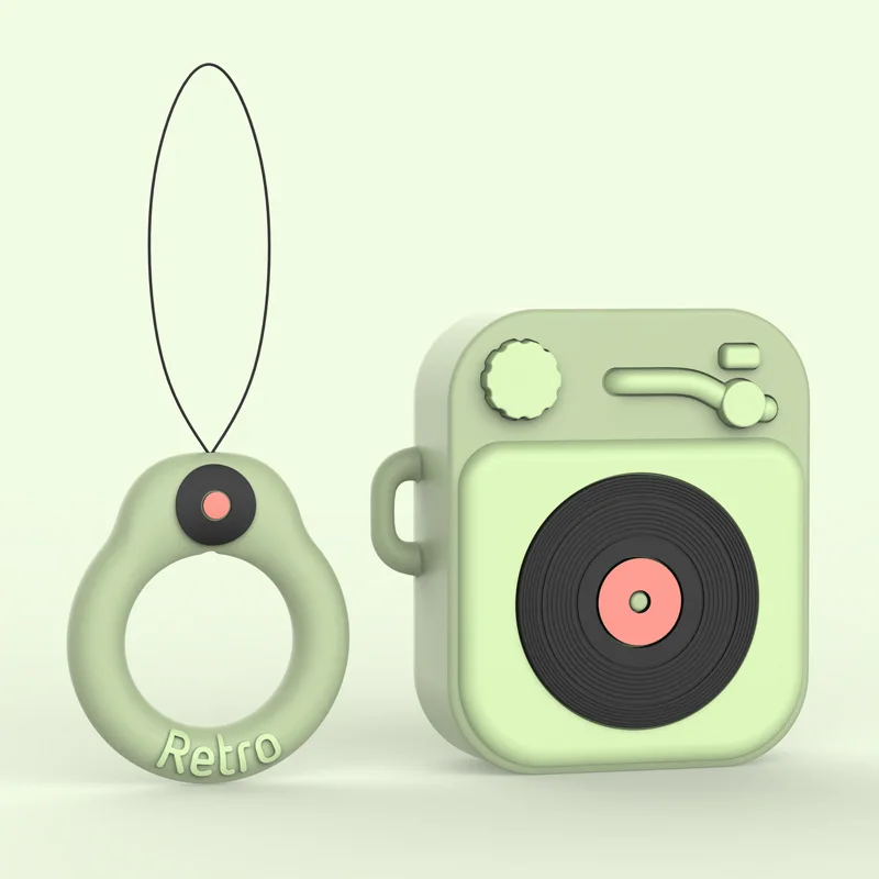 

For Airpods 2 Soft Slicone Cover With Strap Cute Retro Record player Pattern Earphone Case For Airpods Accessories Charging Box