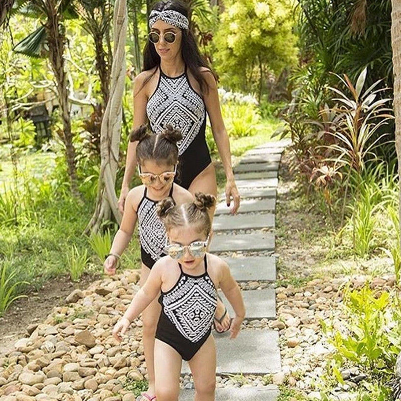 Matching mother daughter summer geometric swimwear