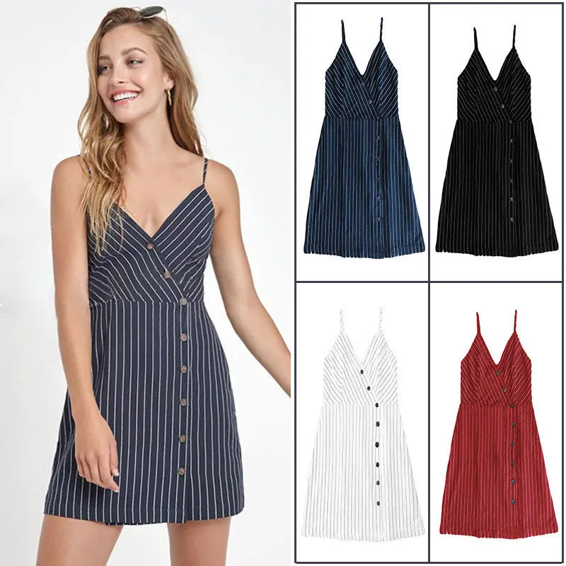 

the new spring and summer 2019 women's stripe button with shoulder-straps dress a undertakes to spot