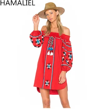 

HAMALIEL Ethnic Style Designer Womem Dress 2018 Runway Boho Autumn Embroidery Floral Off Shoulder Casual Slash Neck Beach Dress