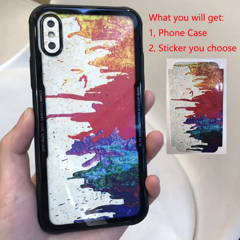 9H Tempered Glass Transparent Back Cover Case with Stickers for iPhone X XR XS Max Clear 6S 7 8 Plus Phone |
