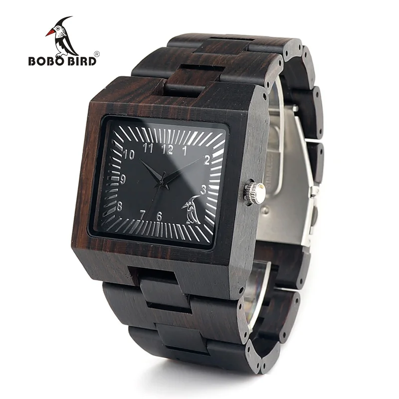 BOBO BIRD Ebony Wooden Rectangle Quartz Wrist Watch Mens Top Luxury Band with All Wooden Band in Gift Box relogio masculino