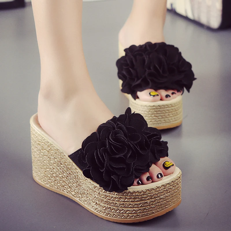 

2018 hot summer floral wedges shoes woman candy color flower decoration platform sandals Bohemia flip flops beach sandals
