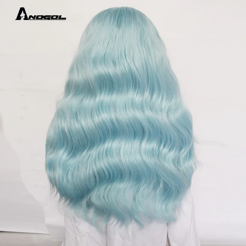 Anogol 24" Mint Green Long Body Wave Synthetic Lace Front Wig Free Part High Temperature Fiber For White Women Brand New Hair