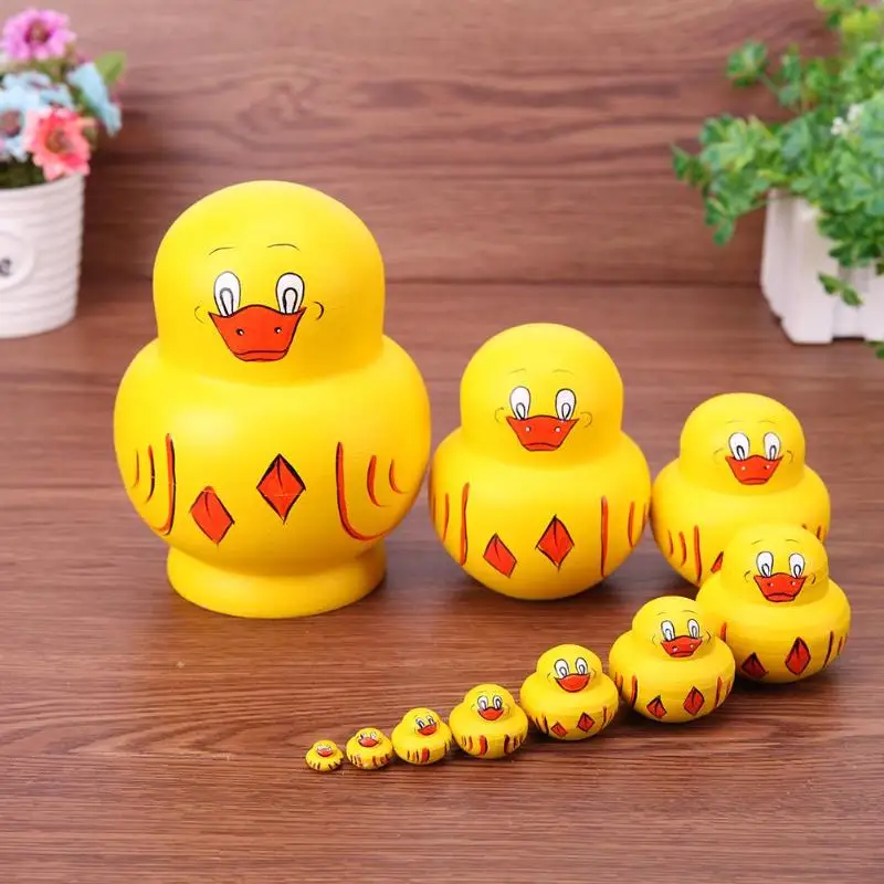 10 PCS Painted Wooden Russian Nesting Dolls Yellow Duck Matryoshka Kids Toys