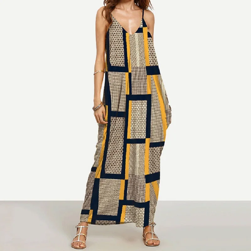 

Summer Women Long Dress Female Spaghetti Strap Casual Loose Vintage Maxi Dresses Floral Sleeveless V-Neck Vestido