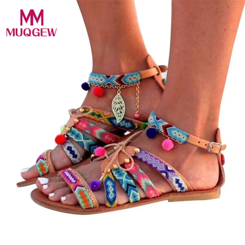 

Pom-Pom Sandals Women'Summer Shoes Bohemia Sandals Gladiator Leather Flats Sandals Women 2018 Sandalia with Hairballs Bandages