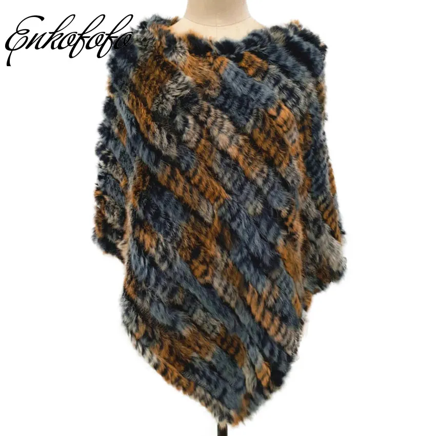 

2018 Real Rabbit Fur Coats Poncho Cape Women Fashion Slim Patchwork Color Camouflage Knitted Shawl Ladies Natural Fur Coat