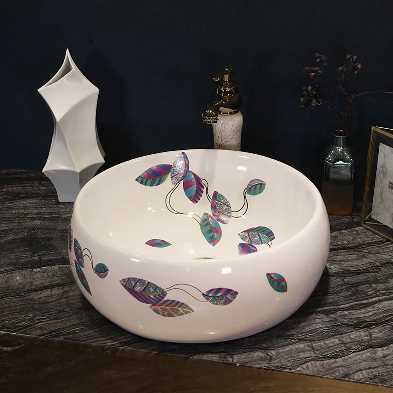 Round China Painting leaf Ceramic Painting Art Ceramic wash basin Bathroom Sink counter top porcelain sink